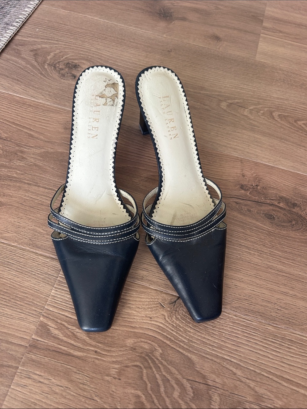 Lauren Ralph Lauren Navy Blue Leather Pointed Mule Heels with Contrast Stitching
